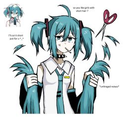Rule 34 | 1girl, ahoge, alternate hair length, alternate hairstyle, anger vein, aqua eyes, aqua hair, aqua necktie, black choker, black sleeves, choker, cigarette, collared shirt, commentary, detached sleeves, english commentary, english text, hair between eyes, hair ornament, hatsune miku, holding, holding own hair, long sleeves, looking at viewer, microsoft paint (medium), mouth hold, necktie, peqermint, reference inset, scissors, severed hair, shirt, simple background, single sidelock, sleeveless, sleeveless shirt, solo, spiked choker, spikes, twintails, upper body, vocaloid, white background, white shirt
