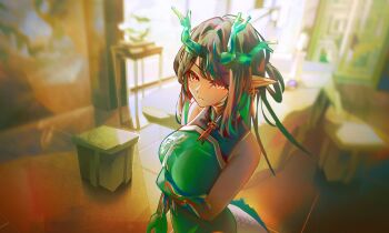 1girl absurdres arknights black_hair china_dress chinese_clothes colored_skin dragon_girl dragon_horns dragon_tail dress dusk_(arknights) dusk_(everything_is_a_miracle)_(arknights) eastern_dragon_tail green_hands green_horns green_skin highres horns long_hair nikov pointy_ears red_eyes sleeveless sleeveless_dress solo tail