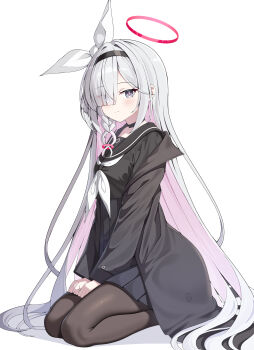 1girl absurdres black_hairband black_jacket black_sailor_collar black_serafuku black_shirt black_skirt blue_archive blush braid brown_pantyhose closed_mouth commentary_request eyes_visible_through_hair full_body grey_eyes grey_hair hair_intakes hair_over_one_eye hair_ribbon hairband halo hands_on_lap highres jacket long_hair multicolored_hair neckerchief off_shoulder open_clothes open_jacket pantyhose pink_hair plana_(blue_archive) pleated_skirt ribbon sailor_collar school_uniform seiza serafuku shadow shirt simple_background single_braid sitting skirt sob_(submar1089) solo two-tone_hair very_long_hair white_background white_neckerchief white_ribbon