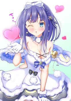 1girl blowing_kiss blue_eyes blue_hair blush breasts cleavage dress gloves hand_on_lap hand_on_own_leg hand_on_own_thigh heart highres large_breasts legs misora_(princess_connect!) one_eye_closed princess_connect! puckered_lips short_hair solo thighs wink