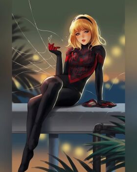 1girl animal_print blonde_hair blue_eyes bodysuit comic_cover cosplay gwen_stacy heart highres leirix lipstick makeup marvel mask medium_hair multicolored_bodysuit print_bodysuit silk solo spider-gwen spider-man_(miles_morales) spider-man_(miles_morales)_(cosplay) spider-man_(series) spider_print spider_web superhero_costume two-tone_bodysuit unworn_mask