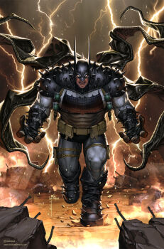 1boy absolute_batman absolute_dc back_spikes bat_mask batman batman_(absolute_dc) batman_(series) batman_symbol belt bodysuit cape character_request commentary cover cowl dc_comics english_commentary gloves grey_bodysuit highres in-hyuk_lee male_focus mask multicolored_bodysuit muscular muscular_male official_art solo superhero_costume tall_male two-tone_bodysuit utility_belt veiny_legs
