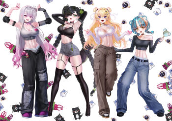 4girls animal_ears armpits arms_up baggy_pants belt belt_buckle black_belt black_bra black_choker black_pants black_sleeves black_thighhighs blonde_hair blunt_bangs blunt_ends blush bra braid braided_twintails breasts brown_pants buckle cargo_pants charm_(object) choker cleavage clothes_writing collarbone commentary creature crop_top cropped_shirt denim denim_shorts detached_sleeves dog_ears double_bun earrings elbow_pads eruthu fang fangs fingerless_gloves glint gloves gradient_hair green_eyes grey_gloves grey_hair grey_panties grey_shirt hair_between_eyes hair_bun hair_intakes halterneck hand_up hane_(over_the_wall) high-waist_shorts highres holding jeans jewelry kim_ate large_breasts linea_alba long_bangs long_eyelashes long_hair long_sleeves looking_at_viewer medium_breasts midriff mole mole_under_eye mouse_ears mouse_girl multicolored_hair multiple_girls navel off-shoulder_shirt off_shoulder on_haru open_fly open_mouth open_pants otono_sori over_the_wall panties pants panty_peek parted_bangs paw_print paw_tattoo pink_eyes pink_nails shirt short_hair shorts simple_background single_glove sleeveless sleeveless_shirt sleeves_past_wrists sports_panties standing streaked_hair striped_clothes striped_shirt symbol-only_commentary tattoo thighhighs toned toned_female torn_clothes torn_pants twin_braids underwear underwear_writing very_long_hair virtual_youtuber white_background white_panties white_shirt yellow_eyes