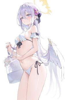 1girl 2sham alternate_costume angel_wings azusa_(blue_archive) bikini blue_archive doll flower grey_hair hifumi_(blue_archive) long_hair looking_at_viewer oversized_wings purple_eyes solo swimsuit twitter wings