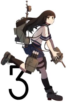 Rule 34 | 1girl, black hair, black socks, blue sailor collar, blue skirt, blunt bangs, blush, brown eyes, closed mouth, commentary, english commentary, from side, hatsuyuki (kancolle), highres, kantai collection, kneehighs, long hair, looking at viewer, pleated skirt, rigging, sailor collar, school uniform, serafuku, shoes, short sleeves, simple background, skirt, socks, solo, tabiaki (cosy catastrophe), thigh strap, white background