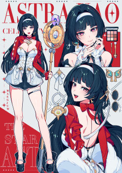 1girl :d absurdres artist_name astra_yao black_hair black_shoes blunt_bangs blush breasts character_name cleavage dress earrings glasses hairband highres holding holding_staff jewelry legs long_hair looking_at_viewer looking_back maegjuw makeup makeup_palette microphone multiple_views nail_polish necklace open_mouth outline shoes smile staff standing thigh_strap white_hairband white_outline zenless_zone_zero