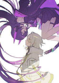 2girls :d black_dress black_jacket cable cable_tail commentary_request dress eye_contact from_side green_eyes grey_hair hair_between_eyes headgear hijiri_(resetter) jacket long_hair long_sleeves looking_at_another mechanical_tail multiple_girls nayuta_(hijiri) off_shoulder open_clothes open_jacket open_mouth original pleated_dress profile puffy_long_sleeves puffy_sleeves purple_eyes purple_hair simple_background smile tail upside-down very_long_hair white_background white_jacket