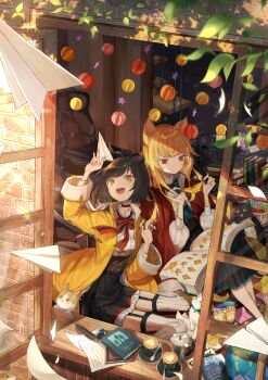 2girls absurdres animal animal_ears antenna_hair black_choker black_hair black_skirt book bow bowtie cat chair choker fang frilled_shirt frills garter_straps globe high-waist_skirt highres inkwell jacket latte_art light_particles multiple_girls nabi_(uz02) open_mouth open_window origami original paper_airplane paper_crane papers plant puffy_sleeves quill red_eyes shirt shirt_tucked_in sitting skirt thighhighs vines window windowsill yellow_eyes yellow_jacket