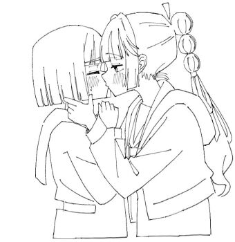 Rule 34 | 2girls, ahoge, anyoji hime, blunt bangs, blunt ends, blush, bob cut, border, closed eyes, commentary request, detached ahoge, dress, greyscale, hair ribbon, half-closed eyes, hasu no sora school uniform, hood, hooded jacket, jacket, kiss, lineart, link! like! love live!, long sleeves, love live!, momose ginko, monochrome, multi-tied hair, multiple girls, neckerchief, open clothes, open jacket, outside border, ponytail, ribbon, s (y7555128265305), sailor collar, sailor dress, school uniform, short hair, simple background, sweatdrop, virtual youtuber, winter uniform, yuri