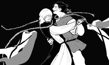 Rule 34 | 2boys, arm around another's waist, badeni, black background, black hair, black tabard, chi.: chikyuu no undou ni tsuite, closed eyes, commentary request, cowboy shot, dancing, greyscale, hair bun, highres, holding hands, laughing, male focus, medium hair, monochrome, multiple boys, noz cm, oczy, open mouth, pants, parted lips, ponytail, robe, rope, rope around neck, scar, scar on face, scar on mouth, scar on nose, shirt, sleeves rolled up, smile, stitched face, stitches, tabard, tonsure, vest, white pants, white robe, white shirt, yaoi
