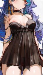 Rule 34 | 1girl, black dress, blue hair, braid, breasts, commentary, commission, cowboy shot, dress, ear piercing, english commentary, fins, fish tail, frown, grey ribbon, head out of frame, highres, lingerie, long hair, looking to the side, mako sameshima, medium breasts, mole, mole under eye, multicolored hair, multiple braids, naokomama, nipples, piercing, prism project, red eyes, second-party source, see-through, see-through dress, shark tail, simple background, solo, standing, strap slip, streaked hair, studded choker, tail, underwear, white background