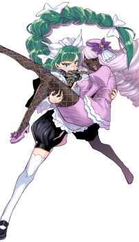 2girls ^_^ apron ascot carrying center_frills chain chain_leash closed_eyes collar commentary_request dark-skinned_female dark_skin dress fascinator frilled_ascot frills gloves green_hair hand_on_another&#039;s_back hand_on_another&#039;s_shoulder highres holding holding_chain holding_leash jacinthe_(pokemon) juliet_sleeves leash lebanne_(pokemon) long_hair long_sleeves maid maid_apron maid_headdress master_and_servant metal_collar multiple_girls nintendo open_mouth pokemon pokemon_legends:_z-a princess_carry puffy_sleeves purple_dress purple_hair simple_background smile sweatdrop takanashi_ringo teeth very_dark_skin white_background white_gloves yuri