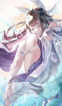 1girl absurdres bare_shoulders batory_ken black_hair closed_eyes closed_mouth columbina_(genshin_impact) commentary_request dress eye_mask genshin_impact hair_intakes hair_ribbon head_wings highres long_hair mask multicolored_hair pink_hair ribbon signature smile solo twitter_username two-tone_hair very_long_hair white_dress white_ribbon white_wings wings wrist_ribbon