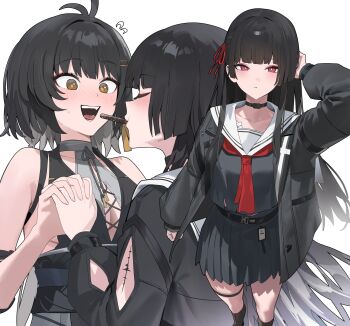 2girls arm_cutout arm_up bare_shoulders black_choker black_dress black_hair black_jacket black_serafuku black_shirt black_skirt blush breasts chisa_(wuthering_waves) choker closed_eyes clothing_cutout collarbone commentary cross-laced_clothes cross-laced_dress dress embarrassed female_rover_(wuthering_waves) flying_sweatdrops food food_in_mouth hair_ornament hair_ribbon hairclip highres holding_hands hood_(james_x) jacket long_hair long_sleeves looking_at_another looking_at_viewer medium_breasts mole mole_under_eye multiple_girls multiple_views neckerchief open_mouth parallel_hairclips parted_lips pocky pocky_in_mouth red_eyes red_neckerchief red_ribbon ribbon rover_(wuthering_waves) sailor_collar school_uniform serafuku shirt simple_background skirt sleeveless sleeveless_dress tacet_mark_(wuthering_waves) thigh_strap white_background white_sailor_collar wuthering_waves yellow_eyes yuri