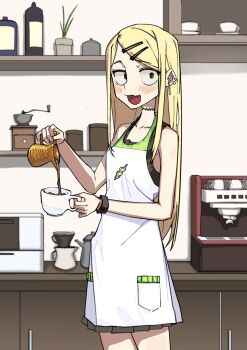 1girl apron bare_shoulders black_shirt black_skirt blonde_hair blush cabinet cafe choker coffee_grinder coffee_maker coffee_pot collarbone cowboy_shot cup dagashi_kashi endou_saya fang go_d_e green_apron hair_ornament hairclip highres holding holding_coffee_pot holding_cup indoors kettle korean_commentary long_hair looking_at_viewer open_mouth plant pleated_skirt potted_plant pouring sanpaku shelf shirt sidelocks skin_fang skirt sleeveless sleeveless_shirt smile solo standing straight_hair two-tone_apron very_long_hair white_apron yellow_eyes