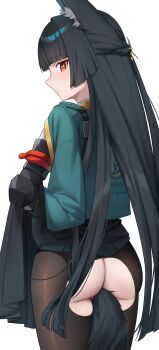 1girl absurdres anal_beads anal_tail animal_ears ass ass_cutout black_pantyhose black_skirt butt_plug clothes_lift clothing_cutout commentary fake_tail fox_ears fox_girl fox_tail from_behind green_jacket highres hoshimi_miyabi jacket lo_xueming long_hair pantyhose red_eyes simple_background skirt skirt_lift solo symbol-only_commentary tail very_long_hair white_background zenless_zone_zero