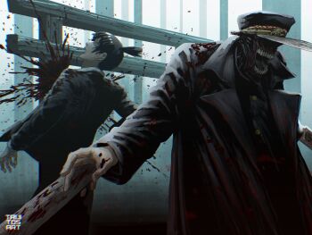 Rule 34 | 2boys, absurdres, black coat, black suit, blood, blood on clothes, blood splatter, blood spray, bloody weapon, chainsaw man, coat, commentary, cowboy shot, english commentary, forest, formal clothes, gold buttons, hat, hayakawa aki, highres, katana man (chainsaw man), male focus, military hat, multiple boys, multiple swords, nature, open mouth, sidelighting, suit, sword, teeth, topknot, torii, trench coat, truitosart, watermark, weapon