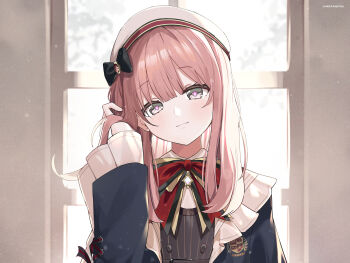 1girl absurdres adjusting_hair amayui_moka arata_ryou arm_up artist_name beret black_bow bow bowtie brooch brown_dress center-flap_bangs closed_mouth commentary_request dress gold_bow grey_eyes hair_bow hat head_tilt highres indoors jewelry long_sleeves looking_at_viewer medium_hair pink_hair pink_pupils red_bow sleeves_past_wrists solo striped_clothes striped_dress upper_body virtual_youtuber vspo! white_hat wide_sleeves window