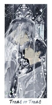 2boys absurdres arched_window black_shirt border cathedral church cloak coat collared_shirt english_text falling_petals flower_request height_difference highres hood hood_up hooded_cloak indoors kim_dokja lantercat looking_at_another multiple_boys multiple_scars omniscient_reader&#039;s_viewpoint open_clothes petals popped_collar red_eyes scar scar_on_face secretive_plotter shirt silk spider_web sweatdrop torn_clothes trick_or_treat upper_body veil white_border white_coat window yellow_eyes yoo_joonghyuk