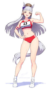 1girl animal_ears armband blunt_bangs blush bow breasts brown_hat buruma commentary ear_bow english_commentary full_body gold_ship_(umamusume) grey_hair hat horse_ears horse_girl horse_tail large_breasts long_hair looking_at_viewer navel pillbox_hat purple_bow purple_eyes red_buruma red_sports_bra revenantart shoes simple_background smile socks solo sports_bikini sports_bra standing stomach striped_armband striped_clothes tail track_uniform umamusume white_background white_socks