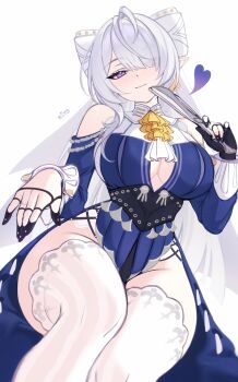 1girl ascot bare_shoulders blue_dress blush breasts cleavage closed_mouth clothing_cutout commentary crossed_legs dress english_commentary hair_over_one_eye highres jewelry kiyochii large_breasts long_hair looking_at_viewer mole mole_under_mouth pointy_ears purple_eyes shoulder_cutout sitting smile solo velina_airgid yellow_ascot zenless_zone_zero