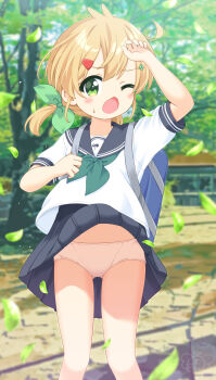 1girl arm_up backpack bag blonde_hair blue_bag blue_sailor_collar blue_skirt blurry blurry_background blush bow clothes_lift commentary_request falling_leaves furrowed_brow green_bow green_eyes green_neckerchief hair_bow hair_ornament hairclip hand_on_own_head hao_(pila-pela) highres leaf light_particles loli low_twintails neckerchief one_eye_closed open_mouth original outdoors panties pantyshot pila-pela pleated_skirt sailor_collar school_uniform serafuku shirt short_hair short_sleeves short_twintails signature skirt skirt_lift solo standing sweat tareme twintails underwear watermark white_panties white_shirt wind wind_lift
