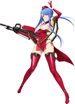 1girl ammunition_belt arm_up bare_shoulders blue_eyes blue_hair boots breasts choukou_(alicesoft) choukou_shinki_ixseal choukou_taisen_escalation_heroines cleavage covered_navel elbow_gloves ellis_xillia full_body fur_trim garrison_cap gloves gun hat highres ixseal large_breasts official_art onigirikun red_boots red_gloves solo thigh_boots thighs weapon