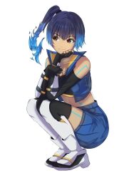 Rule 34 | 1girl, absurdres, black gloves, blue hair, blue jacket, blue shorts, body markings, brown eyes, closed mouth, commentary, cropped jacket, english commentary, fiery hair, full body, gloves, gradient hair, highres, jacket, langspower, multicolored hair, open clothes, open jacket, sena (xenoblade), shorts, side ponytail, simple background, smile, solo, squatting, two-tone hair, white background, white footwear, xenoblade chronicles (series), xenoblade chronicles 3