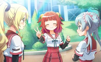 3girls :o ^_^ akino_kaede annoyed aqua_bow aqua_bowtie artist_request ass black_scrunchie black_sleeves blonde_hair blue_eyes blue_hair blunt_bangs bow bowtie braid breast_pocket bush clenched_hand closed_eyes closed_mouth cowboy_shot crossed_arms day earrings flower game_cg hair_bobbles hair_flower hair_ornament hair_scrunchie half_up_half_down_braid happy high-waist_skirt high_ponytail highres jewelry kamihama_university_affiliated_school_uniform layered_sleeves leaf_hair_ornament light_blush light_rays long_hair long_sleeves looking_at_another magia_record:_mahou_shoujo_madoka_magica_gaiden mahou_shoujo_madoka_magica mahou_shoujo_madoka_magica_magia_exedra minami_rena miniskirt multiple_girls official_art open_mouth outdoors path pink_eyes pink_flower plaid_clothes plaid_skirt pleated_skirt pocket pointy_nose ponytail rainbow red_hair red_sailor_collar red_skirt road sailor_collar school school_uniform scrunchie shirt short_over_long_sleeves short_sleeves skirt sleeves_past_wrists smile sparkle standing stud_earrings surprised togame_momoko tsurime two_side_up very_long_hair wavy_hair white_shirt