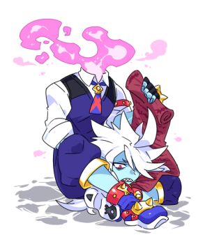 1boy ahoge armband black_gloves blue_pants blue_skin blue_vest bracelet collared_shirt colored_skin crossed_legs dullahan fingerless_gloves fire focas_(inu_fuji) gloves gold_bracelet gold_trim hair_over_one_eye hand_up head_off headless holding holding_head holding_own_head holding_paper in_lap inu_fuji jewelry long_hair long_sleeves looking_down monster_boy necktie on_floor original pants paper pink_fire pointy_ears puffy_pants red_armband red_eyes sharp_teeth shirt sidelocks sitting skull_pendant sleeves_rolled_up spiked_armband spiked_bracelet spiked_footwear spikes teeth tuxedo undershirt vest white_hair