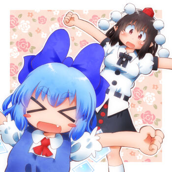 Rule 34 | > <, 2girls, ascot, black bow, black bowtie, black skirt, blue bow, blue dress, blue hair, bow, bowtie, breasts, brown hair, cirno, collared shirt, detached wings, dress, facing viewer, fang, floral background, hair bow, hat, ice, ice wings, matty (zuwzi), medium breasts, medium hair, multiple girls, outstretched arms, pinafore dress, pointy ears, pom pom (clothes), puffy short sleeves, puffy sleeves, red ascot, red eyes, red hat, shameimaru aya, shirt, short sleeves, skirt, sleeveless, sleeveless dress, spoken blush, spread arms, tokin hat, touhou, white shirt, wings