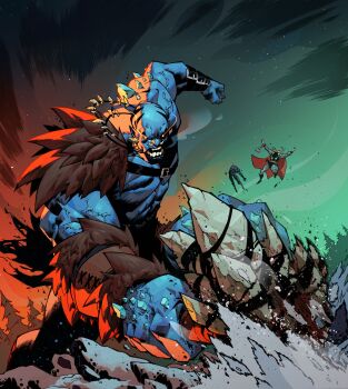 1other 2boys absurdres armor bald blue_skin cape colored_skin commentary earrings english_commentary eye_trail face_piercing giant glowing glowing_eyes green_sky height_difference highres holding holding_weapon ice jewelry laufey_(marvel) leo_chiola light_trail looking_down male_focus marvel marvel_snap mjolnir_(marvel) motion_lines multiple_boys muscular muscular_male necklace nose_piercing official_art open_mouth orange_eyes pauldrons pelt piercing pine_tree red_cape shoulder_armor single_pauldron size_difference sky thor_(marvel) thor_(marvel)_(series) tree veins veiny_arms weapon