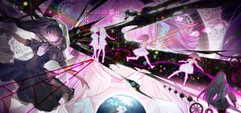 2girls akemi_homura akemi_homura_(black_dress) akemi_homura_(magical_girl) bag black_capelet black_dress black_hair black_pantyhose bow braid capelet choker chuanchuan dress earth_(planet) frilled_capelet frilled_dress frills hair_bow highres kaname_madoka kaname_madoka_(magical_girl) long_hair looking_at_viewer mahou_shoujo_madoka_magica mahou_shoujo_madoka_magica_(anime) multiple_girls multiple_views pantyhose pink_hair planet pleated_skirt purple_eyes running school_bag school_uniform skirt ultimate_madoka white_bow white_choker white_dress