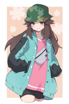 1girl absurdres black_shorts blue_jacket blush border brown_eyes brown_hair cowboy_shot green_hair hands_in_pockets highres jacket leaf_(pokemon) leaf_(sygna_suit)_(pokemon) long_hair nintendo pink_shirt piyo_to_game pokemon pokemon_masters_ex shirt shorts smile solo white_border