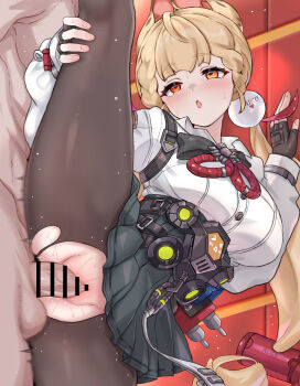 1boy 1girl :o absurdres alice_thymefield animal_ears bar_censor black_skirt blonde_hair blush breasts censored commentary daram_(shappydude) fingerless_gloves gloves hair_ornament hand_on_own_leg heart hetero heterochromia highres indoors large_breasts large_variant_set long_hair orange_eyes pantyhose penis pleated_skirt red_eyes revision sex shirt skirt sphere_hair_ornament split standing standing_on_one_leg standing_sex standing_split sweat torn_clothes torn_pantyhose vaginal variant_set white_shirt zenless_zone_zero