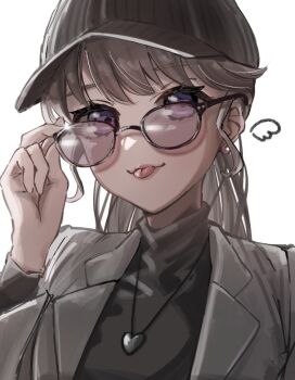 1girl baseball_cap black-framed_eyewear black_hat black_sweater blush brown_hair commentary_request drawn_wings fujishima_megumi fujishima_megumi_(post-graduation) grey_jacket hat heart heart_necklace hino_(hinonoq) jacket jewelry link!_like!_love_live! long_hair long_sleeves looking_at_viewer love_live! necklace open_clothes open_jacket ponytail purple_eyes solo sunglasses sweater tongue tongue_out turtleneck turtleneck_sweater upper_body virtual_youtuber