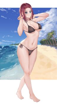 1girl absurdres aochoku bare_arms bare_legs bare_shoulders barefoot bikini black_bikini blue_eyes blush breasts cleavage closed_mouth code_geass collarbone commentary commission curvy day english_commentary eyelashes feet fingernails full_body groin halterneck hands_up highres holding holding_own_hair kouzuki_kallen large_breasts legs looking_at_viewer medium_hair navel outdoors parted_bangs red_hair second-party_source shiny_skin side-tie_bikini_bottom simple_background smile solo standing stomach swimsuit thighs thong thong_bikini toenails toes wide_hips