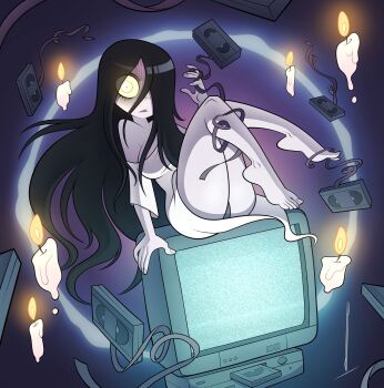 1girl 2025 absurdres arm_support barefoot black_hair black_panties candle commentary constricted_pupils crt english_commentary feet_up female_focus floating floating_hair full_body ghost glowing glowing_eyes gradient_background hair_over_one_eye halloween hands_up highres long_hair long_shirt looking_at_viewer madcosmos pale_skin panties pantyshot parted_lips purple_background shirt simple_background sitting sitting_on_object solo the_ring thighs underwear videocassette white_shirt wide-eyed yamamura_sadako