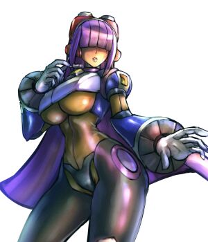 1girl android blunt_bangs breasts capcom cowboy_shot dark-skinned_female dark_skin female_focus hair_over_eyes headgear headset highres hime_cut large_breasts layer_(mega_man) long_hair mega_man_(series) mega_man_x_(series) minster_(dooke) mole mole_under_eye purple_hair robot_ears simple_background solo underboob white_background