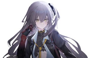 1girl breasts brown_hair commentary_request girls'_frontline girls'_frontline_2:_exilium hair_between_eyes highres kote_menn leva_(girls'_frontline_2) long_hair looking_at_viewer mechanical_arms necktie open_clothes open_shirt shirt simple_background single_mechanical_arm small_breasts solo ump45_(girls'_frontline) white_background white_shirt yellow_eyes yellow_necktie