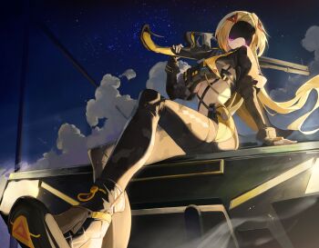 1girl absurdres black_pants black_shoes blindfold_mask blonde_hair breasts camouflage camouflage_jacket camouflage_pants chowol covered_eyes eye_mask glowing_mask gun highres holding holding_weapon jacket long_hair mask medium_breasts midriff night night_sky pants rifle shoes sitting sky smile sniper_rifle solo trigger_(zenless_zone_zero) underboob weapon zenless_zone_zero