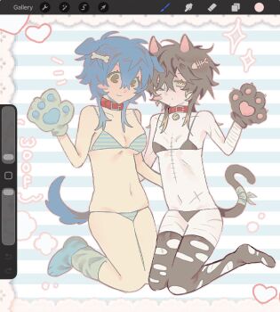 2girls akechisu1 animal_collar animal_ears animal_hands art_program_in_frame bandaged_tail bell bikini black_bikini black_hair black_thighhighs blue_bikini blue_hair blue_shoes blush_stickers bone_hair_ornament breasts brown_eyes cat_girl cat_tail cleavage closed_mouth collar crossover dog_ears dog_girl dog_tail dot_mouth dramatical_murder eyepatch fish_skeleton_hair_ornament full_body genderswap genderswap_(mtf) gloves green_socks hair_between_eyes hair_ornament hand_on_another's_back hand_up heart highres kemonomimi_mode kneeling looking_at_viewer loose_socks medical_eyepatch medium_breasts medium_hair multiple_girls navel neck_bell no_shoes notice_lines paw_gloves paw_shoes procreate_(medium) red_collar scar scar_on_arm scar_on_chest scar_on_face scar_on_leg scar_on_nose scar_on_shoulder scar_on_thigh self-harm_scar seragaki_aoba shoes slow_damage small_breasts smile socks sparkle stomach striped_background striped_bikini striped_clothes swimsuit tail thighhighs torn_clothes torn_thighhighs towa_(slow_damage) yellow_eyes