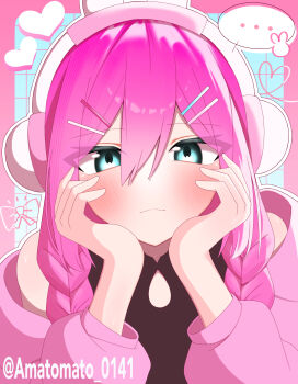 Rule 34 | ..., 1girl, amatomato 0141, animal ear headphones, animal ears, aubrey (birthday) (omori), aubrey (faraway) (omori), aubrey (omori), blue eyes, blush, braid, cardigan, closed mouth, commentary request, double-parted bangs, fake animal ears, hair between eyes, hair ornament, hairclip, hands on own cheeks, hands on own face, headphones, highres, long hair, looking at viewer, low twin braids, official alternate costume, official alternate hairstyle, omori, open cardigan, open clothes, parallel hairclips, pink cardigan, pink hair, rabbit ear headphones, rabbit ears, short hair, solo, speech bubble, spoken ellipsis, twin braids, twitter username, upper body