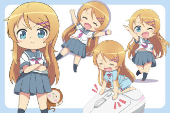 >:( 1girl ;d =_= barefoot black_socks blue_border blue_eyes blue_pajamas blue_shorts border brown_shoes chibi chibi_only closed_eyes closed_mouth computer_mouse crossed_arms facing_viewer fang grey_sailor_collar grey_skirt highres kousaka_kirino kousaka_kirino's_school_uniform light_blush long_hair midriff mini_person minigirl monkey multiple_views navel neckerchief no_shoes one_eye_closed open_mouth orange_hair ore_no_imouto_ga_konna_ni_kawaii_wake_ga_nai outside_border pajamas pleated_skirt purple_neckerchief purple_scrunchie sailor_collar scarletsky school_uniform scrunchie serafuku shirt shoes shorts sidelocks skirt smile socks v-shaped_eyebrows white_shirt wrist_scrunchie