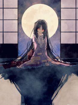 1girl absurdres black_hair commentary frilled_sleeves frills full_moon highres houraisan_kaguya indoors long_hair long_sleeves looking_at_viewer moon neck_ribbon night night_sky on_floor orange_eyes pink_shirt red_skirt ribbon sailor_collar shadow shirt sitting skirt sky sliding_doors smile solo star_(sky) straight_hair togeppoi touhou very_long_hair white_ribbon white_sailor_collar wide_sleeves