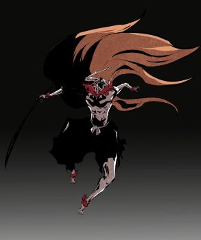 1boy absurdres black_hakama bleach body_markings bracelet colored_skin dark dynamic_pose full_body fur_bracelet fur_collar hakama highres holding holding_sword holding_weapon hollow_(bleach) hollow_mask horns japanese_clothes jewelry ken_hollow kurosaki_ichigo long_hair male_focus mask open_mouth orange_hair shadow shihakusho shinigami simple_background skull_mask sword tensa_zangetsu_(bankai) torn_clothes very_long_hair weapon white_skin zanpakutou