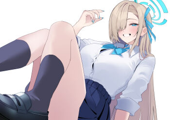 1girl absurdres asuna_(blue_archive) asuna_(school_uniform)_(blue_archive) black_shoes black_socks blonde_hair blue_archive blue_bow blue_bowtie blue_eyes blue_halo blue_ribbon blue_skirt blush bow bowtie breasts button_gap grin hair_over_one_eye hair_ribbon halo highres large_breasts long_hair nakano_kura ribbon school_uniform shirt shoes sitting skirt sleeves_rolled_up smile socks solo thighs very_long_hair white_background white_shirt