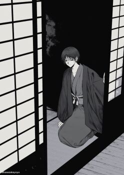 1boy chikage_(kurakute_atatakai) chinikuniku empty_eyes from_above full_body hair_between_eyes half-closed_eyes haori highres japanese_clothes kimono kurakute_atatakai light_smile looking_at_viewer male_focus monochrome obi official_artist_extra opening_door sash seiza short_hair shouji sitting sliding_doors smoke smoke_trail solo tatami twitter_username wooden_floor yukata