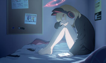 1girl animal_ear_headphones animal_ears barefoot blonde_hair blue_archive cat_ear_headphones cat_ears commentary_request fake_animal_ears halo hamachikichiki headphones highres midori_(blue_archive) momoi_(blue_archive) sitting solo