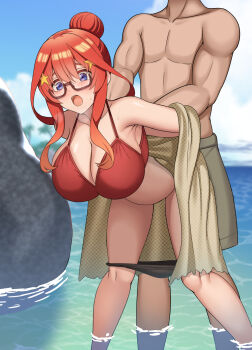 1boy 1girl beach bent_over bikini bikini_bottom_pull black_bikini blue_eyes blue_sky blush breasts cleavage clothed_sex cloud collarbone day glasses go-toubun_no_hanayome hair_bun hetero highres komainu_(yamaha1997) large_breasts nakano_itsuki open_mouth outdoors red_bikini red_hair rock sex sex_from_behind single_sidelock sky standing standing_sex stomach swimsuit thighs